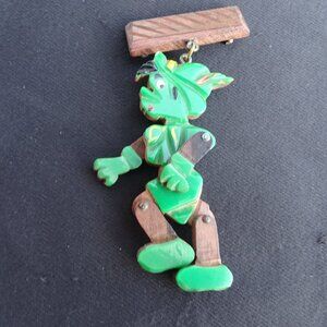 Vintage Pinocchio Bakelite and Wood Moveable Pin Brooch.